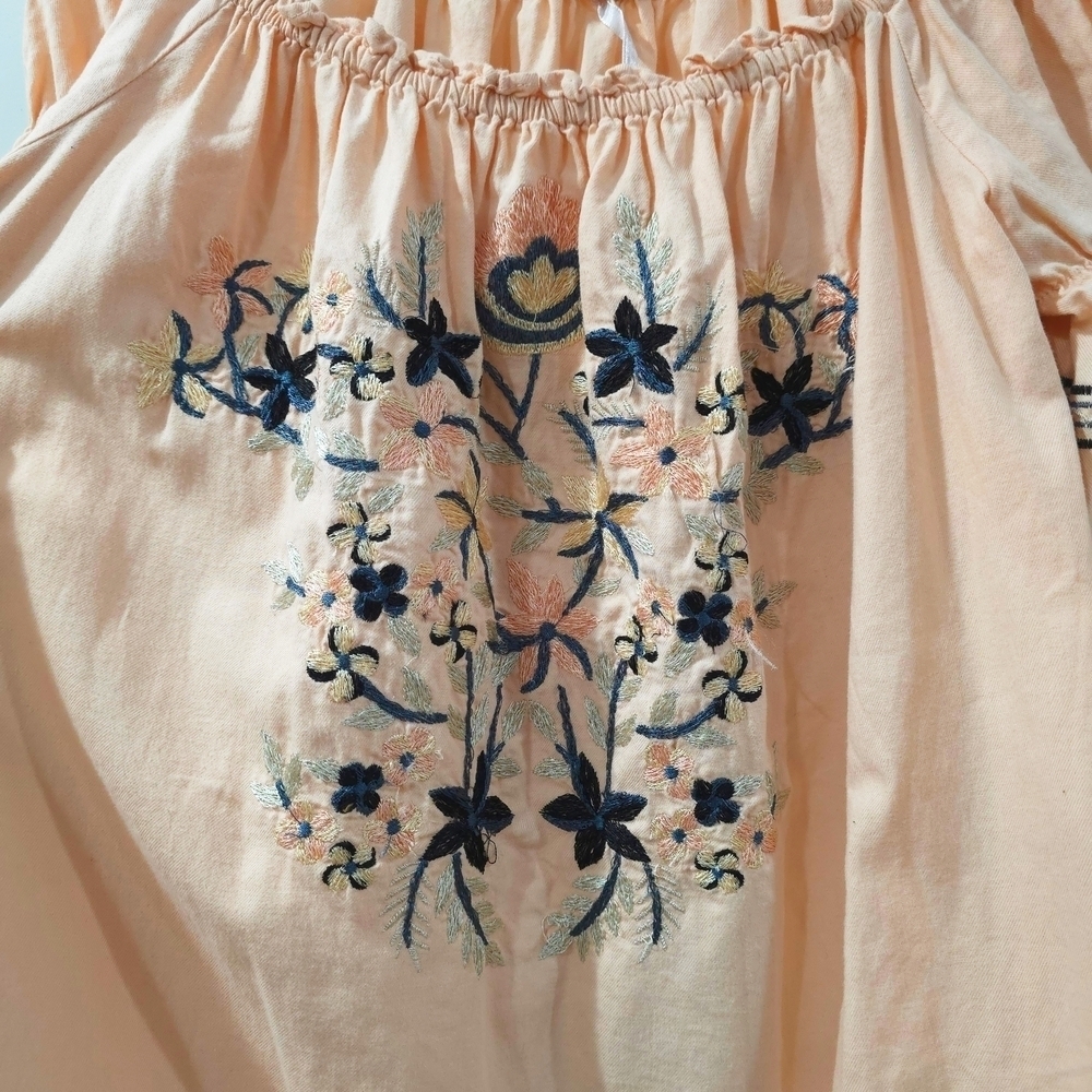 FREE PEOPLE Floral Embroidered Peasant Off The Shoulder Mini Dress, Size XS - Picture 4 of 15